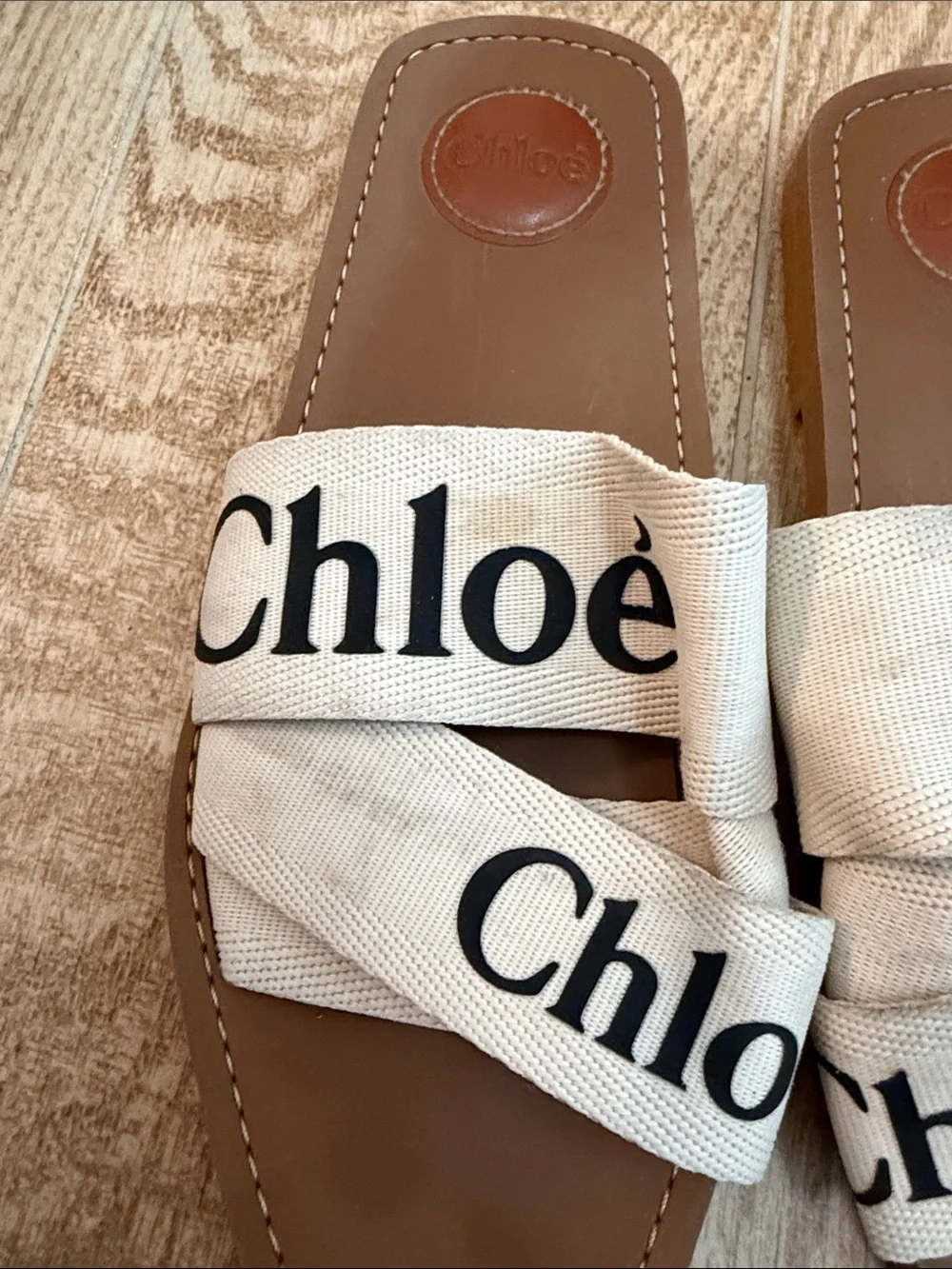 Chloé Logo Canvas Slide Sandals — Cream & Tan
